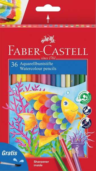 Faber-Castell Classic Colour Acuarelable Pack de 36 Lapices de Colores Hexagonales Acuarelables + Pincel - Resistencia a la Rotura - Colores Surtidos