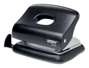 Rapid Eco Taladro Perforador - Perfora hasta 20 Hojas - Facil Vaciado - Punzones 5.5mm - Fabricado con un 74% de Plastico Reciclado Postconsumo - Color Negro