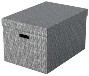 Esselte Pack de 3 Cajas Grandes de Almacenamiento con Tapa 355x305x510mm - Carton 100% Reciclado y Reciclable - Asas Integradas - Diseño Gris con Dibujo