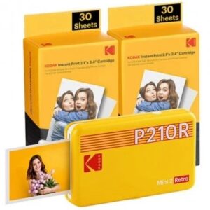 Kodak Mini 2 Retro Pack de Impresora Fotografica Portatil Bluetooth + 60 Hojas de Papel Fotografico - Formato de Impresion 5,3x8,6cm - Alimentacion por Bateria - Color Amarillo