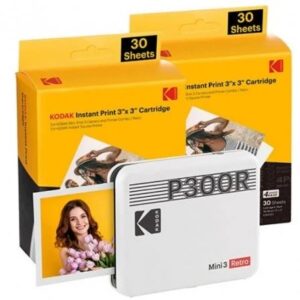 Kodak Mini 3 Retro Pack de Impresora Fotografica Portatil Bluetooth + 60 Hojas de Papel Fotografico - Formato de Impresion 7.62x7.62cm - Alimentacion por Bateria - Color Blanco