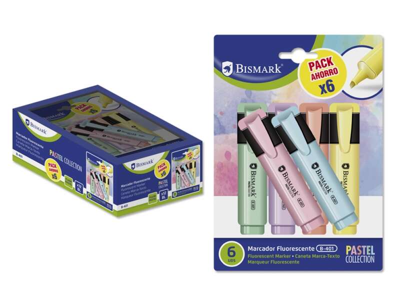 Bismark Pack de 6 Rotuladores Fluorescente Pastel - Tinta de Secado Rapido - Punta Biselada - Ideal para Subrayar y Resaltar - Diseño Ergonomico - Alta Durabilidad