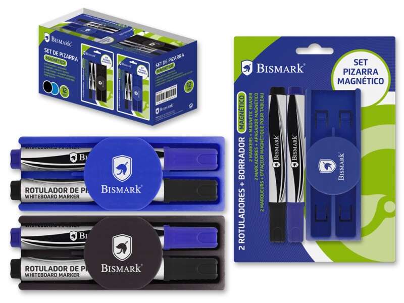 Bismark Pack de 2 Rotuladores para Pizarra + Borrador con Funcion Magnetica - Ideal para Uso en Oficinas y Aulas - Color Surtido