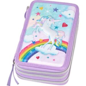 Faber-Castell Diseño Unicornio Estuche de 3 Pisos con Contenido de Serie: Goma de Borrar, 1 Sacapuntas, 1 Lapiz de Grafito HB, 2 Boligrafos (Azul y Rojo), 1 Regla de 15cm, 18 Lapices de Colores, 18 Rotuladores, 1 Tijera y 1 Barra de Pegamento