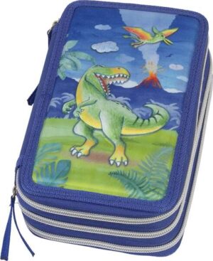 Faber-Castell Diseño Dinosaurio Estuche de 3 Pisos con Contenido de Serie: Goma de Borrar, Sacapuntas, Lapiz de Grafito HB, 2 Boligrafos (Azul y Rojo), Regla de 15cm, 18 Lapices de Colores, 18 Rotuladores, Tijera y Barra de Pegamento