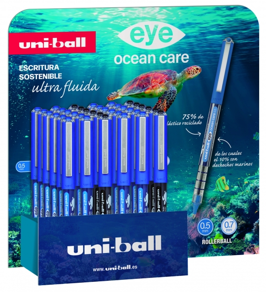 Uni-ball Eye Ocean Care UB150/157 Expositor de 36 Boligrafos - Punta de Bola 0.5mm - Tinta Pigmentada Resistente al Agua y Luz - Sistema de Control de Tinta - Color Surtido