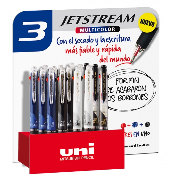 Uni-ball SXE3-400-10 JetStream Expositor de 15 Boligrafos Tricolor - Punta de Bola 1mm - Boligrafo con 3 Colores de Tinta, Negro, Azul y Rojo - Secado Instantaneo - Colores Surtidos