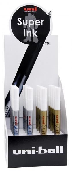 Uni-ball PX-203 Paint Marker Expositor de 16 Marcadores de Pintura - Punta Acrilica 1mm - Permanente en Todas las Superficies - Resistente a Luz y Agua - Colores Oro y Plata