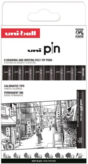Uni-ball Uni Pin Clasico II Pack de 8 Rotuladores Calibrados 0.05, 0.2, 0.4, 0.6, 0.8, 1.0, 1.2 y Brush - Punta Poliacetal - Tinta Pigmentada Resistente al Agua y Luz - Color Negro