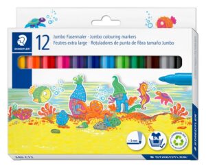 Staedtler Noris Jumbo 340 Pack de 12 Rotuladores Jumbo - Punta de Fibra - Trazo 3mm - Lavable Facilmente - Tinta Base de Agua - Tapa Ventilada - Colores Surtidos