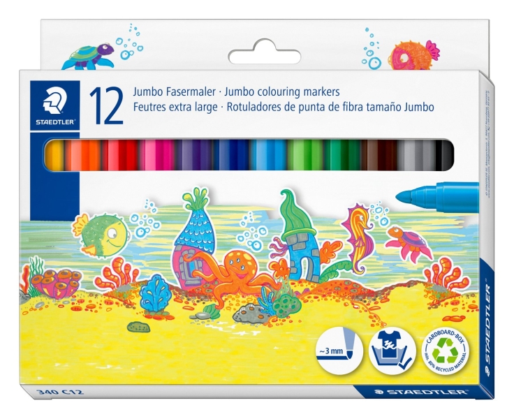 Staedtler Noris Jumbo 340 Pack de 12 Rotuladores Jumbo - Punta de Fibra - Trazo 3mm - Lavable Facilmente - Tinta Base de Agua - Tapa Ventilada - Colores Surtidos