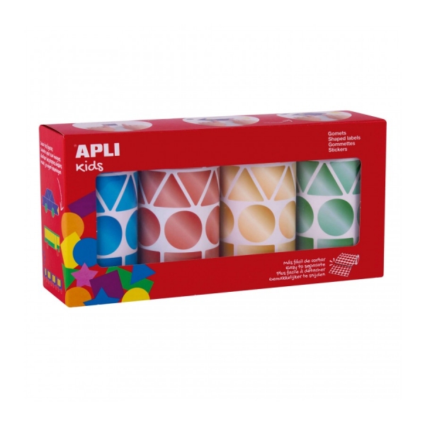 Apli Pack con 4 Rollos de Gomets Geometricos - 1081 Gomets por Rollo - Adhesivo Permanente - 4.324 Gomets en Total - Ideales para Escuelas Infantiles - Colores Metalizados Azul, Rojo Amarillo y Verde