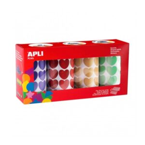 Apli Pack de 4 Rollos de Gomets Corazon 20mm - 1410 Gomets por Rollo - Adhesivo Permanente - 5640 Gomets en Total - Ideales para Escuelas Infantiles - Colores Metalizados Azul, Rojo, Amarillo y Verde