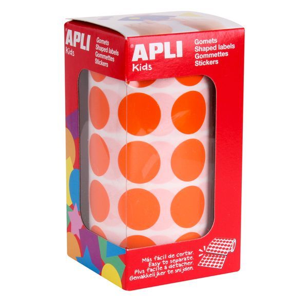 Apli Rollo de 1.770 Gomets Redondos Ø 20mm - Adhesivo Permanente Base Agua - Libre de Disolventes - Color Naranja