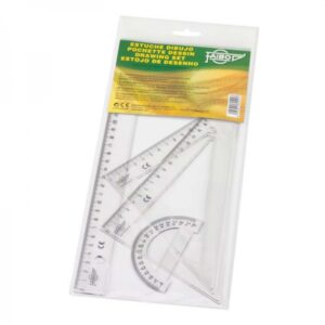 Faibo Pack de Reglas Escolares - Incluye Regla de 30cm, Escuadra de 25cm, Cartabon de 25cm y Semicirculo de 9cm - Presentacion en Bolsa Transparente - Color Transparente