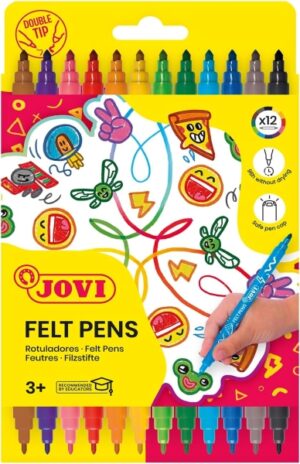 Jovi Felt Pen Extuche 12 Rotuladores de Doble Punta - Punta Fina y Maxi - Amplia Variedad de Tonos - Tinta de Gran Fijacion - Colores Surtidos