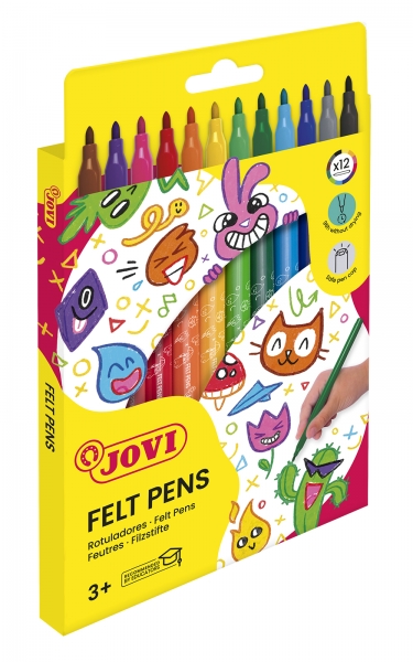 Jovi Felt Pens Estuche de 12 Rotuladores - Amplia Variedad de Tonos - Tinta de Gran Fijacion - Punta de 3mm - Capuchon de Seguridad Ventilado - Grip Triangular Ergonomico - Color Surtido