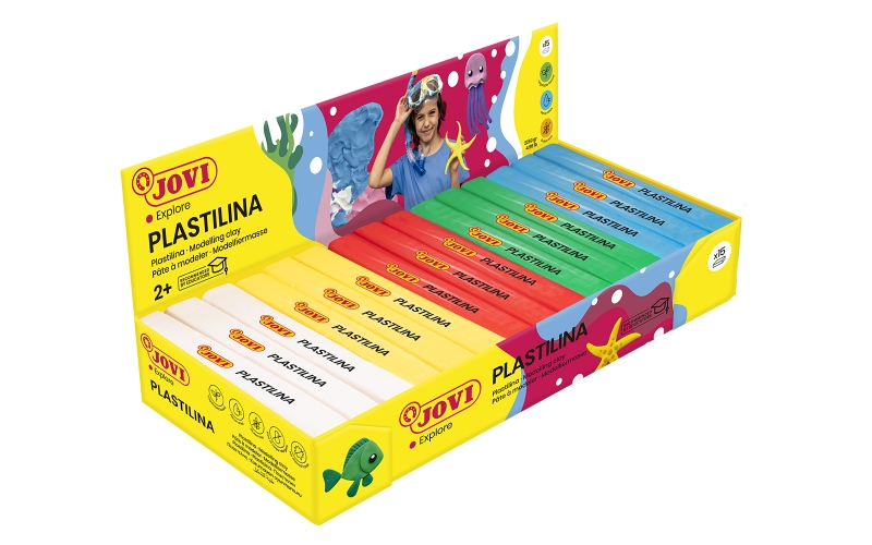 Jovi Expositor de 15 Pastillas de Plastilina 150gr - Colores Basicos - 100% Vegetal - Muy Moldeable - No Se Seca - Colores Mezclables - Color Surtido