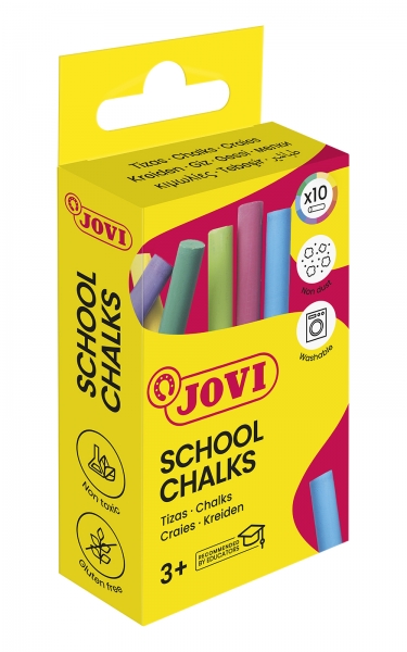 Jovi School Chalks Caja de 10 Tizas - Compactas - sin Polvo - Materias Primas Naturales - Trazos Nitidos - Faciles de Borrar - Resistentes - Poco Resto de Polvo - Color Surtido
