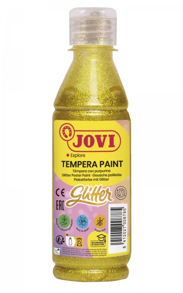 Jovi Glitter Tempera Liquida Base Agua 250ml - Particulas de Purpurina - Excelente Rendimiento - Secado Rapido - Fluidez Optima - Adherencia en Multiples Superficies - Color Amarillo