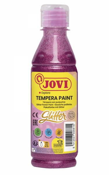 Jovi Glitter Tempera Liquida Base Agua 250ml - Particulas de Purpurina - Excelente Rendimiento - Secado Rapido - Fluidez Optima - Adherencia en Multiples Superficies - Color Rosa
