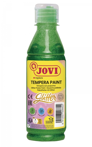 Jovi Glitter Tempera Liquida Base Agua 250ml - Particulas de Purpurina - Excelente Rendimiento - Secado Rapido - Fluidez Optima - Adherencia en Multiples Superficies - Color Verde