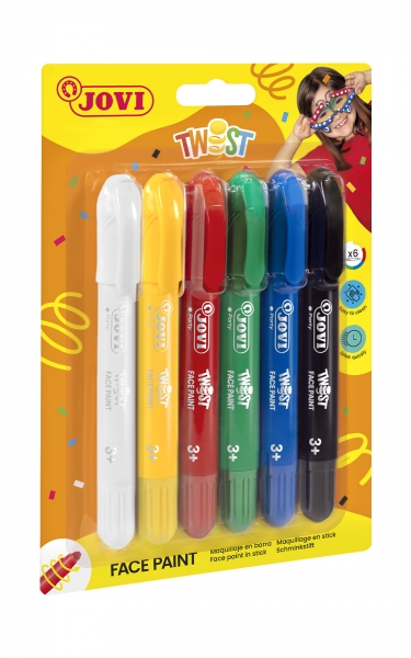 Jovi Twist Pack de 6 Stick Pintura de Cara - Base Agua - Gran Cobertura - Seca Rapido - Facil de Retirar - Hipoalergenico - Colores Surtidos