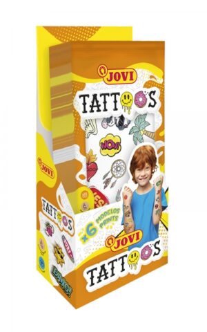 Jovi Expositor con 24 Packs de Tatuajes Temporales - 6 Laminas por Pack - Mas de 80 Motivos - Emoticonos, Animales, Objetos etc... - Sin Parabenos - Libre de Alergenos