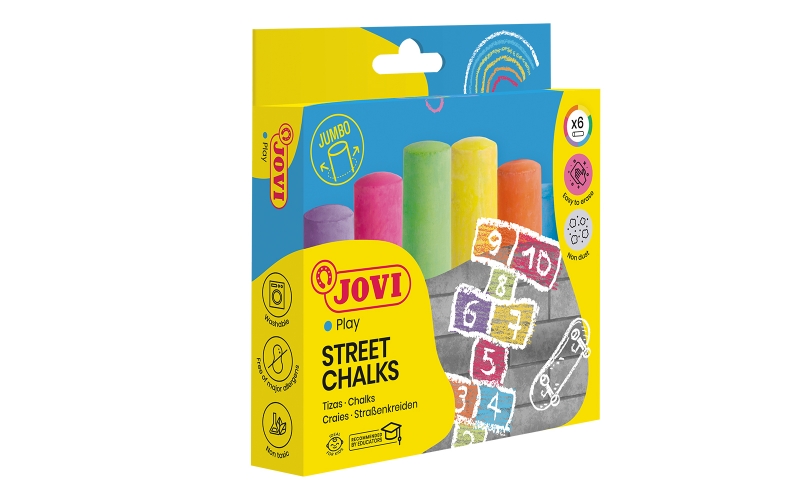 Jovi Street Chalks Estuche de 6 Tizas Jumbo - Compactas - sin Polvo - Materias Primas Naturales - Trazos Nitidos - Faciles de Borrar - Resistentes - Color Surtido