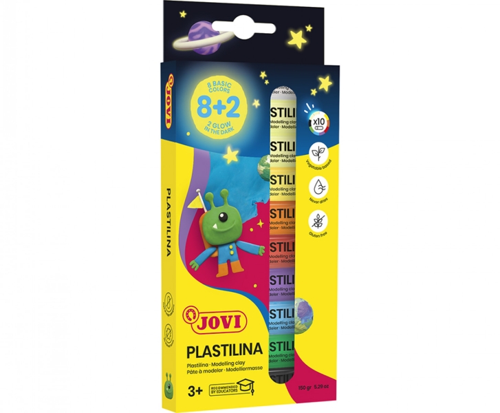 Jovi Pack con 10 Barras de Plastilina 15gr - 8 Colores Basicos + 2 Fluorescentes - Muy Moldeable - No se Seca - Colores Surtidos