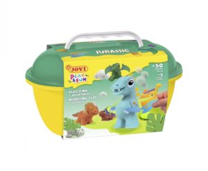 Jovi Play & Fun Cofre Jurassic con 24 Barras de Plastilina 15gr + Modeladores + Recortables - Sin Gluten - Base Vegetal - No se Seca - Colores Surtidos