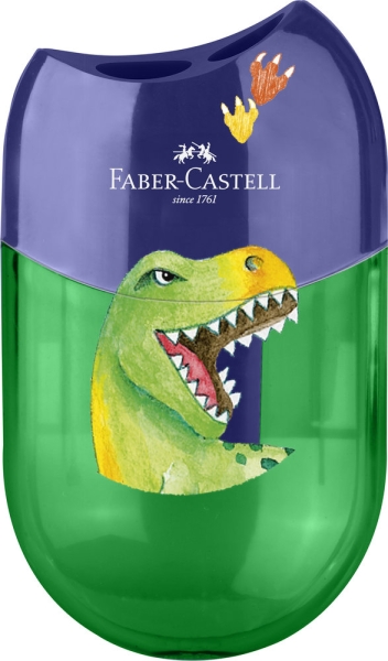 Faber-Castell Dinosaurio Sacapuntas de 2 Orificios con Deposito - Diseño Atractivo de Dinosaurio - Color Verde/Azul
