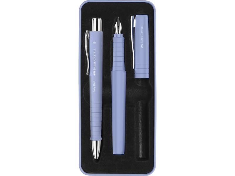 Faber-Castell Poly Pack de Boligrafo Poly Ball y Pluma Estilografica Poly Pen con Plumin B - Clip de Metal - Color Azul Claro