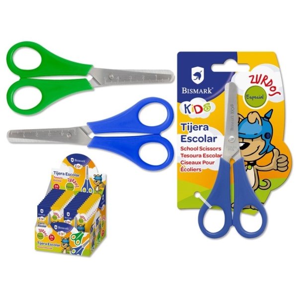 Bismark Kids Tijera Escolar para Zurdos - Mangos en Plastico - Punta Roma - Colores Azul y Verde