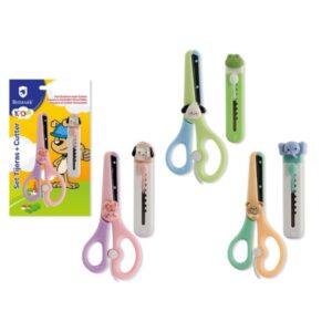 Bismark Kids Pack de Tijera Escolar + Cuter - Mangos en Plastico - Punta Roma - 3 Diseños Surtidos