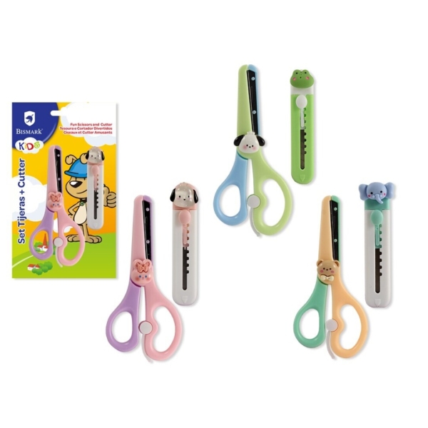 Bismark Kids Pack de Tijera Escolar + Cuter - Mangos en Plastico - Punta Roma - 3 Diseños Surtidos