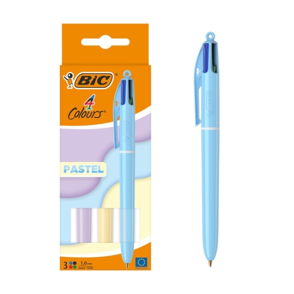 Bic 4 Colours Pastel Pack de 3 Boligrafos de Bola Retractil - Punta Media de 1.0mm - Tinta con Base de Aceite - Cuerpo en Colores Pastel - 4 Colores