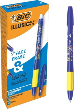 Bic Illusions Boligrafo Borrable - Punta Media de 0.7mm - Grip de Goma - Recargable - Color Azul