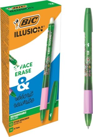 Bic Illusions Boligrafo Borrable - Punta Media de 0.7mm - Grip de Goma - Recargable - Color Verde