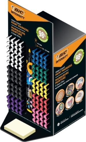 Bic Intensity Expositor de 120 Marcadores de Pintura - Punta Media - Tinta con Base de Agua - 98% de Materiales Reciclados - Colores Vivos Surtidos