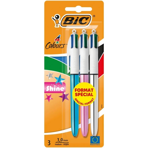 Bic 4 Colours Shine Pack de 3 Boligrafos de Bola Retractil - Punta de 1mm - Trazo de 0.4mm - Tinta con Base de Aceite - Cuerpo Oro/Blanco - 4 Colores