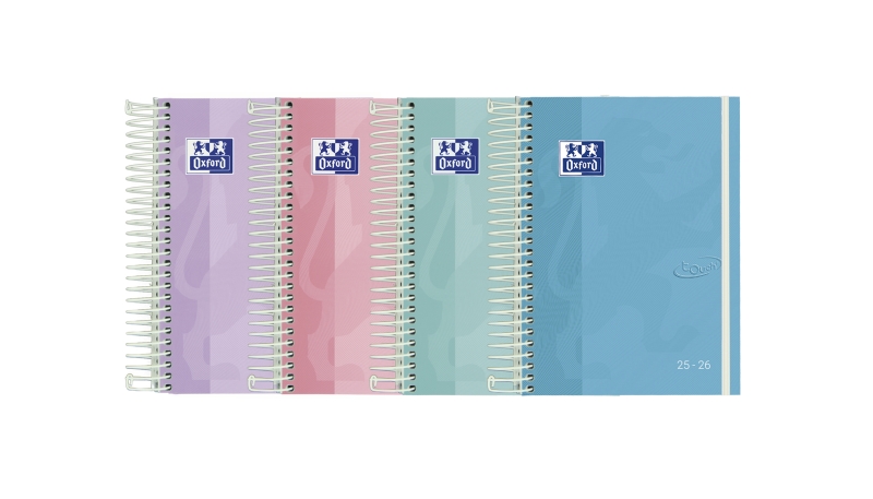Oxford Touch Pastel Agenda Escolar 25/26 Espiral Semana Vista - Tamaño 8º - Tapa Extradura Peliculado Touch - Esquinas Microperforadas - Espacio para Notas - Cierre con Goma - Colores Pastel Surtidos