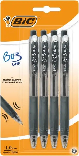 Bic Bu3 Pack de 4 Boligrafos Retractiles - Punta Media de 1mm - Trazo 0.32mm - Grip de Goma - Escritura mas Fluida - Color Negro