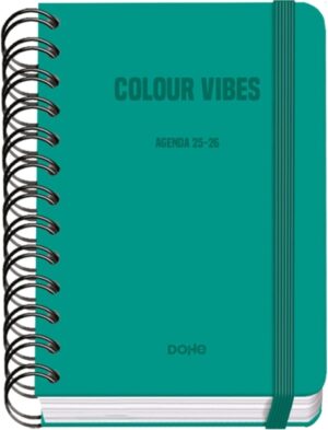 Dohe Colour Vibes Agenda Escolar 25/26 Espiral Wire’o A6 - Dia Pagina - Papel 80g/m2 - 4 Hojas de Pegatinas - Cubierta de Carton Plastificado - Cierre con Goma Elastica - Color Verde