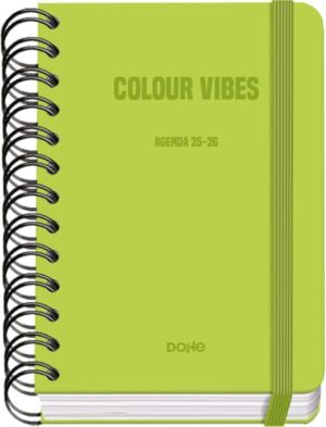 Dohe Colour Vibes Agenda Escolar 25/26 Espiral Wire’o A6 - Dia Pagina - Papel 80g/m2 - 4 Hojas de Pegatinas - Cubierta de Carton Plastificado - Cierre con Goma Elastica - Color Verde Lima