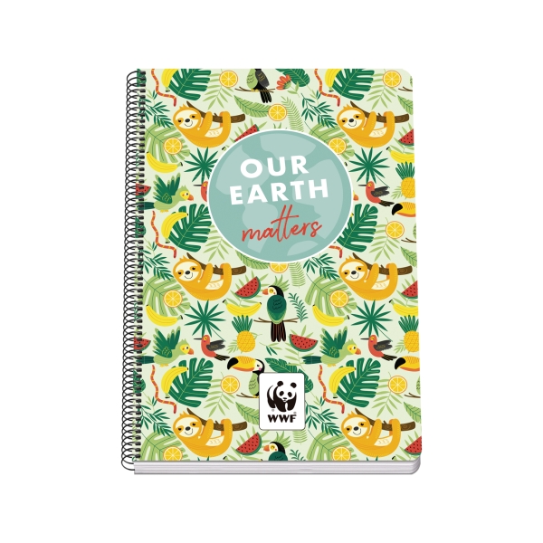 Dohe WWF Tropic Cuaderno Espiral Folio 80 Hojas Cuadricula 4mm con Margen - Tapa Rigida Impresa a todo Color y Plastificada en Brillo - Guardas Impresas
