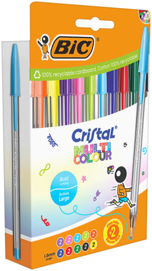 Bic Cristal Multicolour Pack de 20 Boligrafos de Bola - Punta 1.6mm - Trazo 0.42mm - Tinta con Base de Aceite - Colores Surtidos