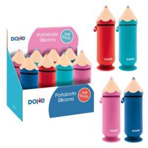 Dohe Lapiz Expositor con 8 Portatodos Simples de Silicona con Forma de Lapiz - Cierre con Cremallera y Tirador de Goma - Con Ventosa para Sujetarse en la Mesa - Colores Surtidos