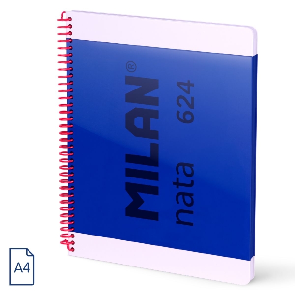 Milan Nata 624 Cuaderno Espiral Formato A4 Liso - 80 Hojas de 95 gr/m2 - Microperforado, 4 Taladros - Color Azul