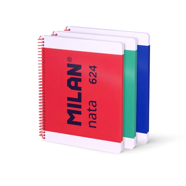 Milan Nata 624 Pack de 3 Cuadernos Espiral Formato A4 Pautado 7mm - 80 Hojas de 95 gr/m2 - Microperforado, 4 Taladros - Colores Surtidos